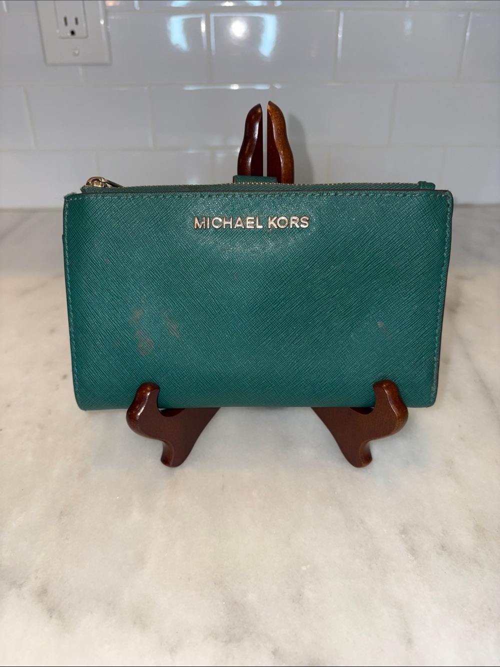 Michael Kors Leather Dark Green Zip Wallet Phone Holder